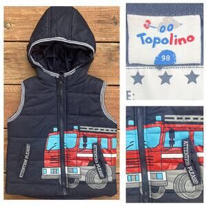 Topolino Firetruck Vest Boys 3T EU 98 Puffer Hooded Navy Red Zip Germany Cartoon